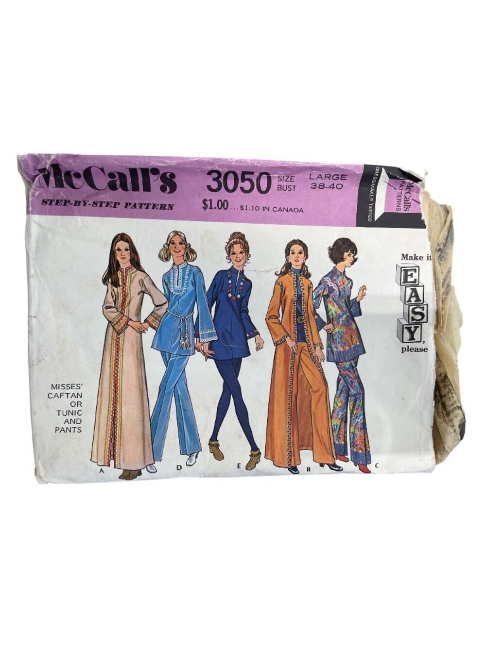 Vintage 70s McCall’s 3050 Sewing Pattern Large Misses Caftan Or Tunic Pants CUT